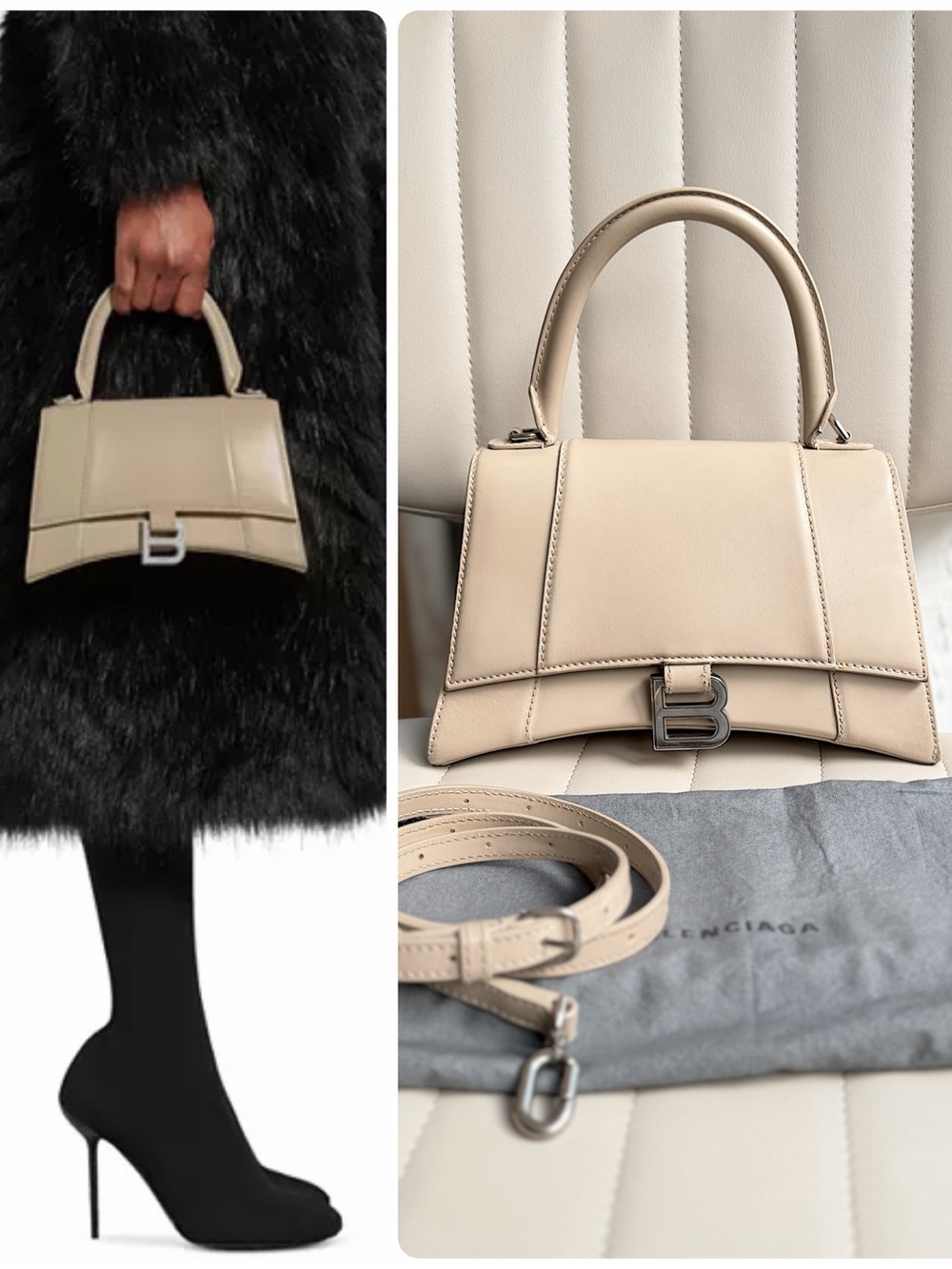 Balenciaga calfskin leather small hourglass nude beige crossbody top handle bag